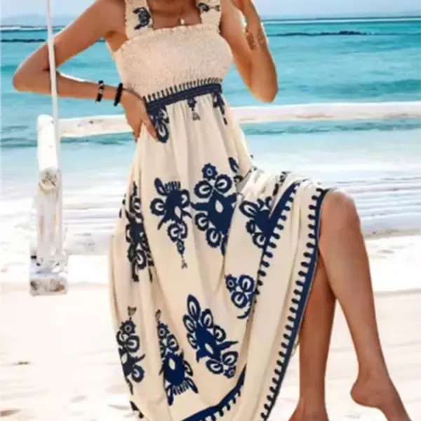 Summer Sleeveless Square Collar Printed Dress Women Suspender High Waist A Line Dresses Beach Vacation Robe