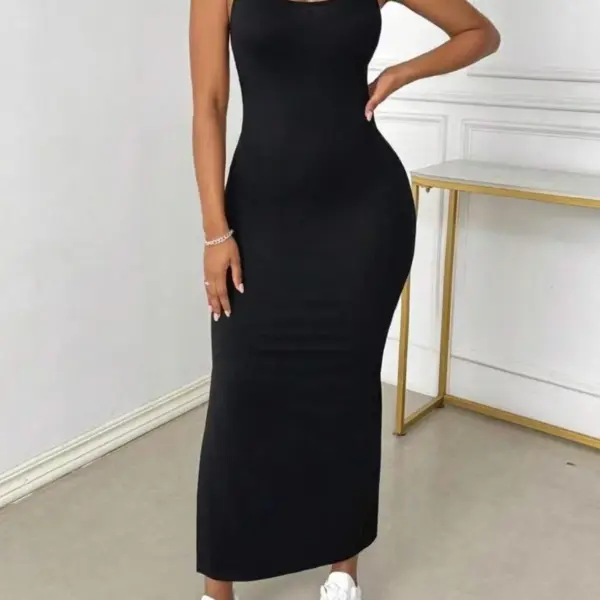 European and American spring and summer personalized print woven belt backless sleeveless slim long slit dress